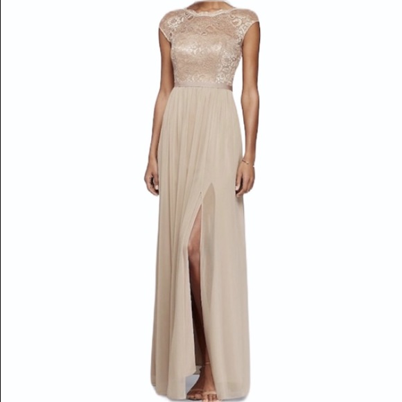 David's Bridal Dresses & Skirts - Long Gold Bridesmaid Dress with Lace Bodice